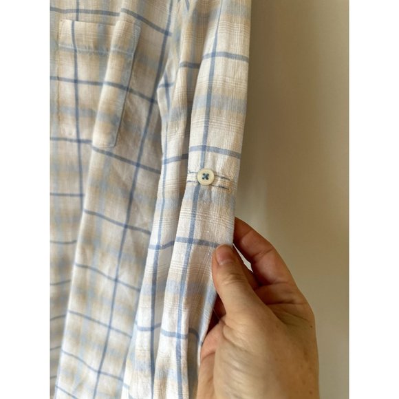 Toscano Aqua Mens M Medium White Blue Tan Plaid Button Down Dress Shirt 100% Lin - Picture 3 of 4
